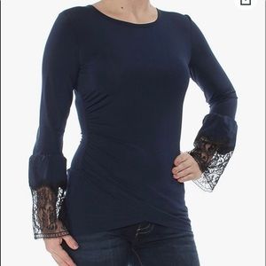 Kobi Miley Lace trim bell sleeve Blouse navy Sz M